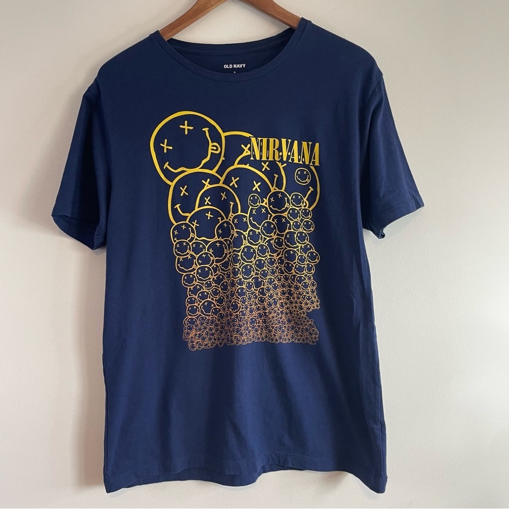 Nirvana Band T-Shirt Medium Navy Blue ON Smiley Nevermind Music Alternative